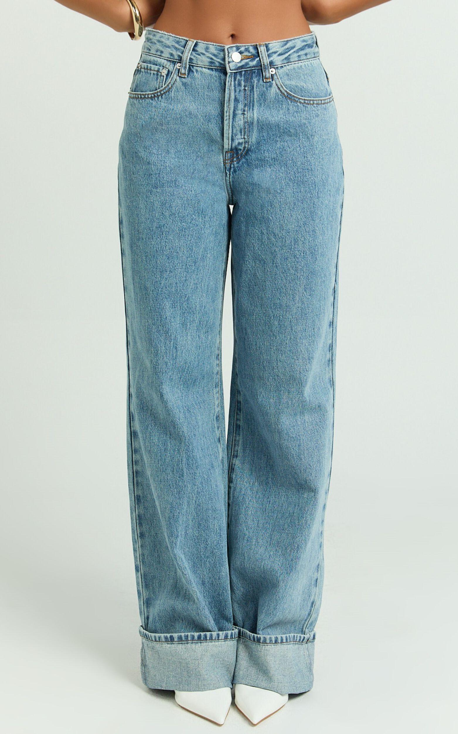 Arwyne Jeans - Mid Rise Baggy Deep Turnup Recycled Denim Jeans in Light Blue Wash Product Image