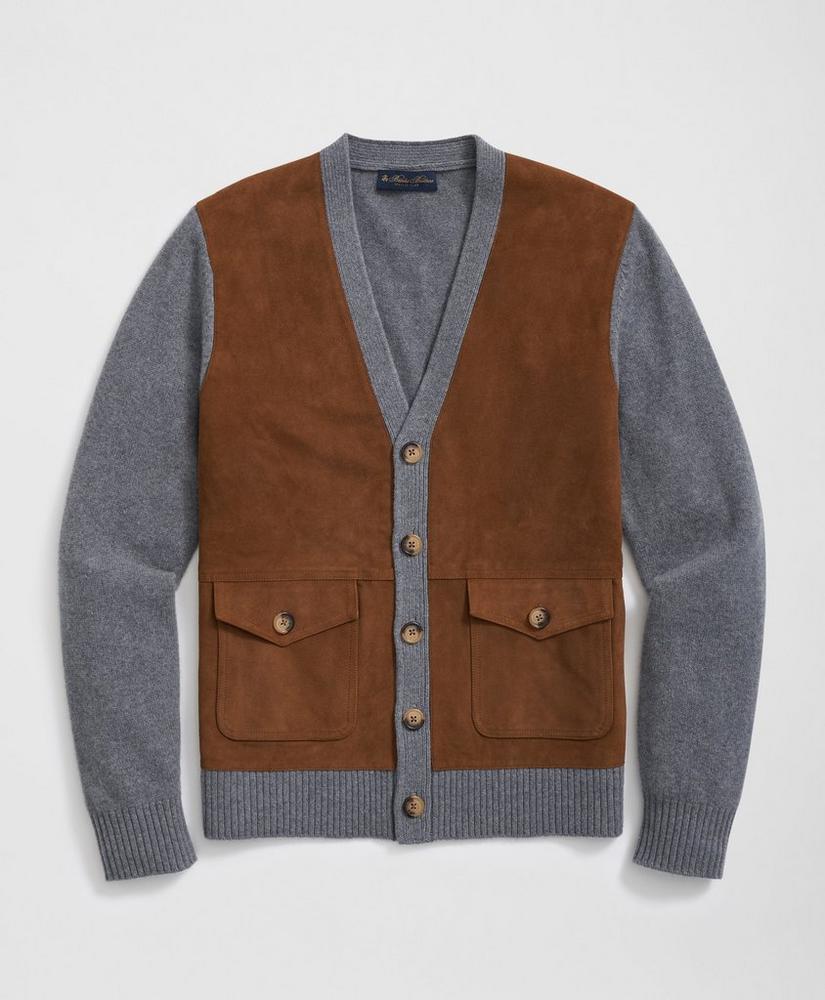 V-Neck Cardigan with Suede Panels in Wool-Cashmere Blend Product Image