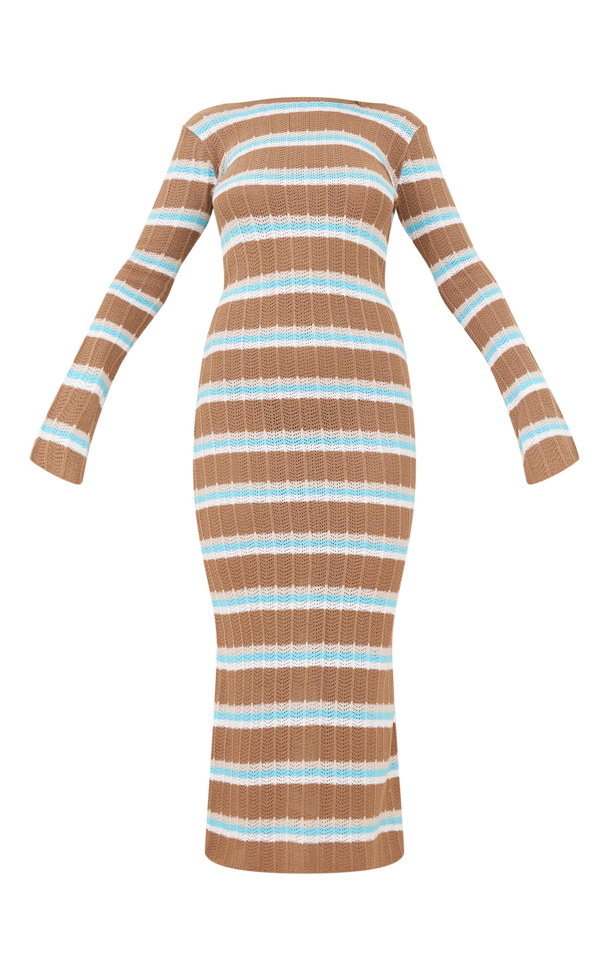 Mocha Wide Rib Knit Striped Long Sleeve Maxi Dress Product Image