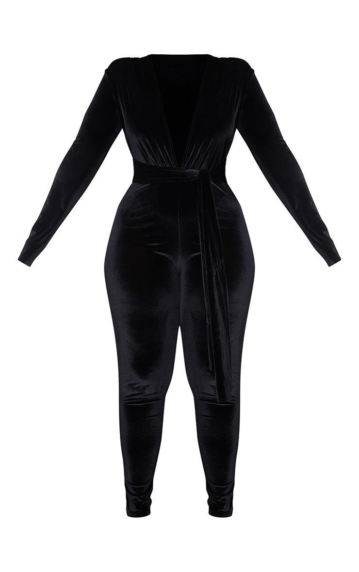 Plus Black Velvet Deep Plunge Tie Waist Jumpsuit Product Image