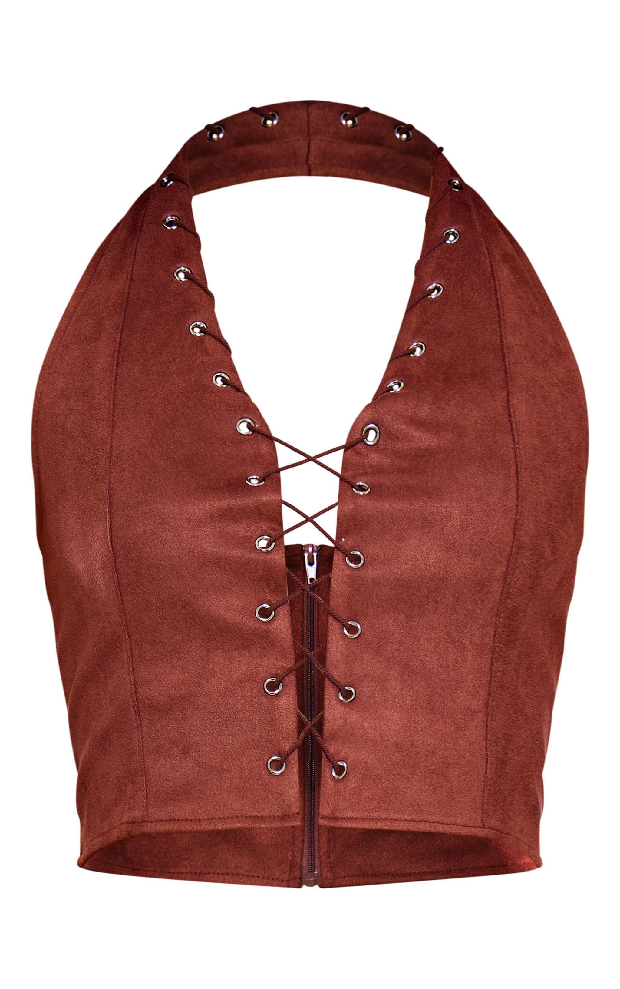 Brown Faux Suede Eyelet Detail Halterneck Top Product Image