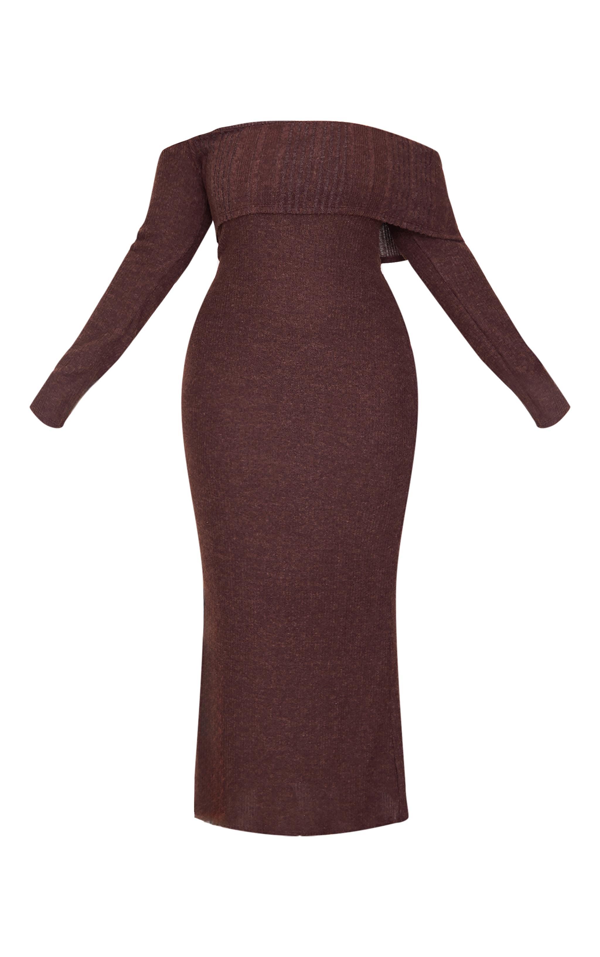 Plus Chocolate Brushed Rib Bardot Maxi Dress Product Image