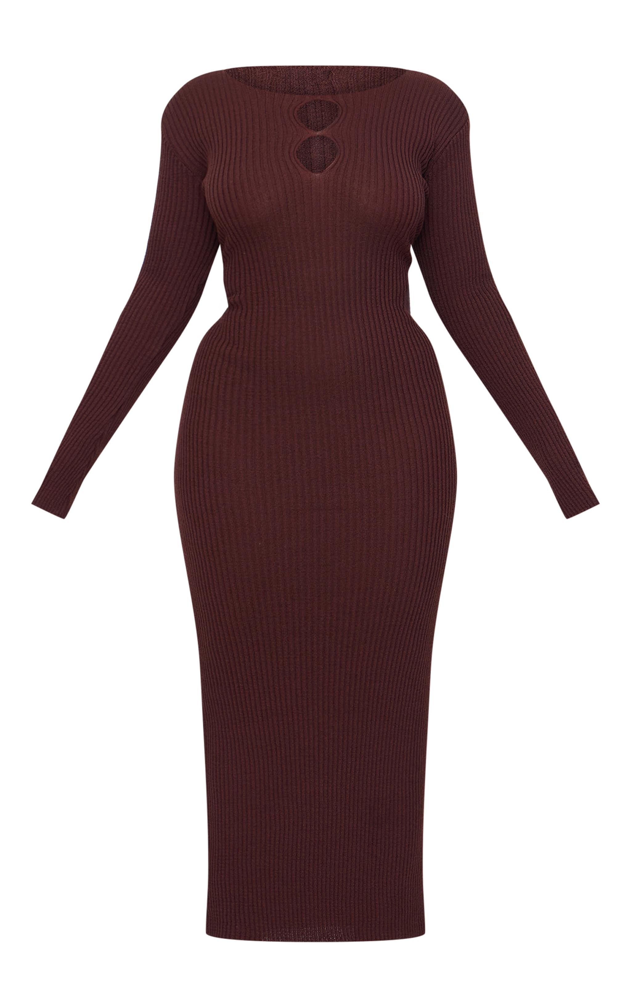 Plus Chocolate Ribbed Keyhole Knitted Midaxi Dress Product Image