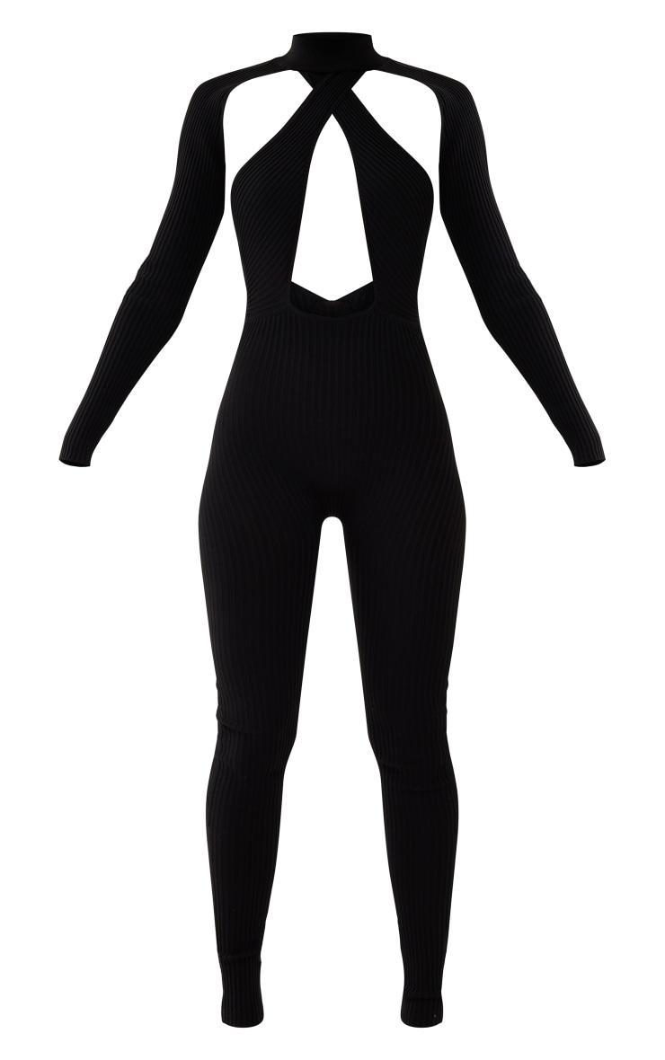 Black Rib Knit Cross Front Jumpsuit & Sleeves Product Image