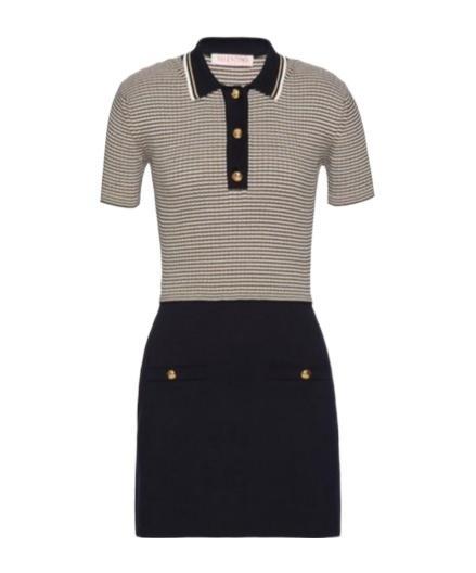 VALENTINO Striped Polo Mini Dress With Gold-tone Buttons In Navy Ivory Gold Product Image