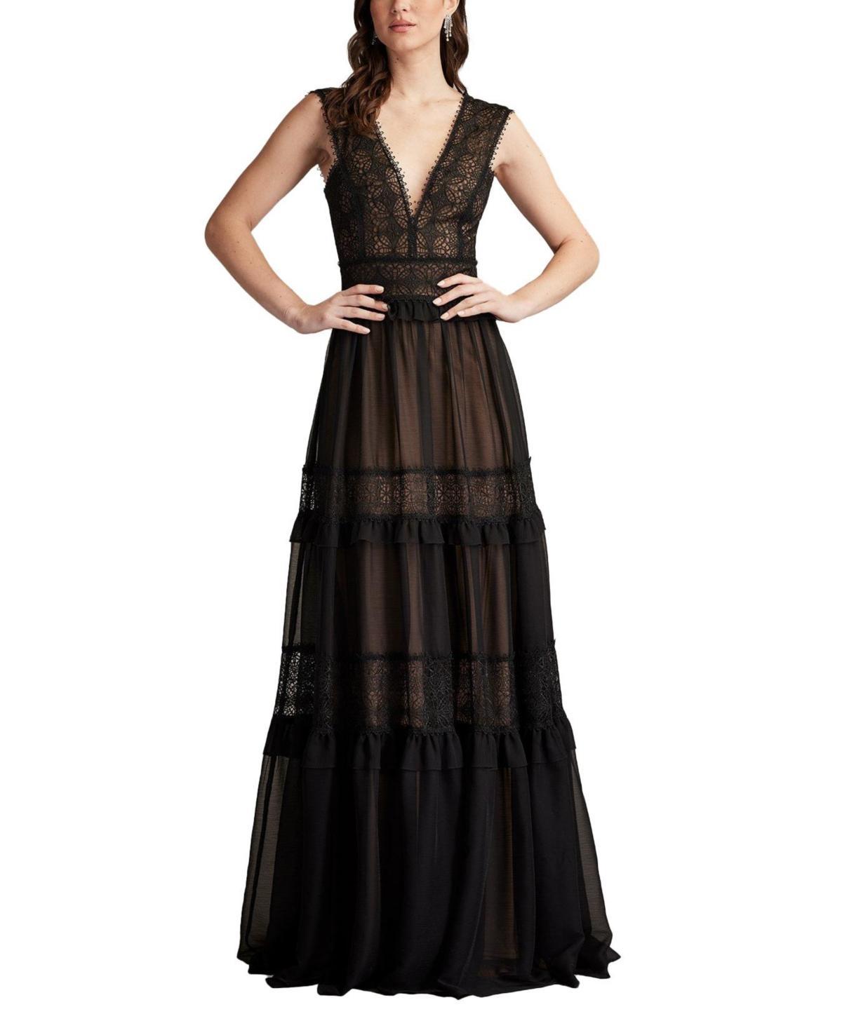 Tadashi Shoji Womens Shiva Tiered Embroidered Tulle Gown - Bk Product Image