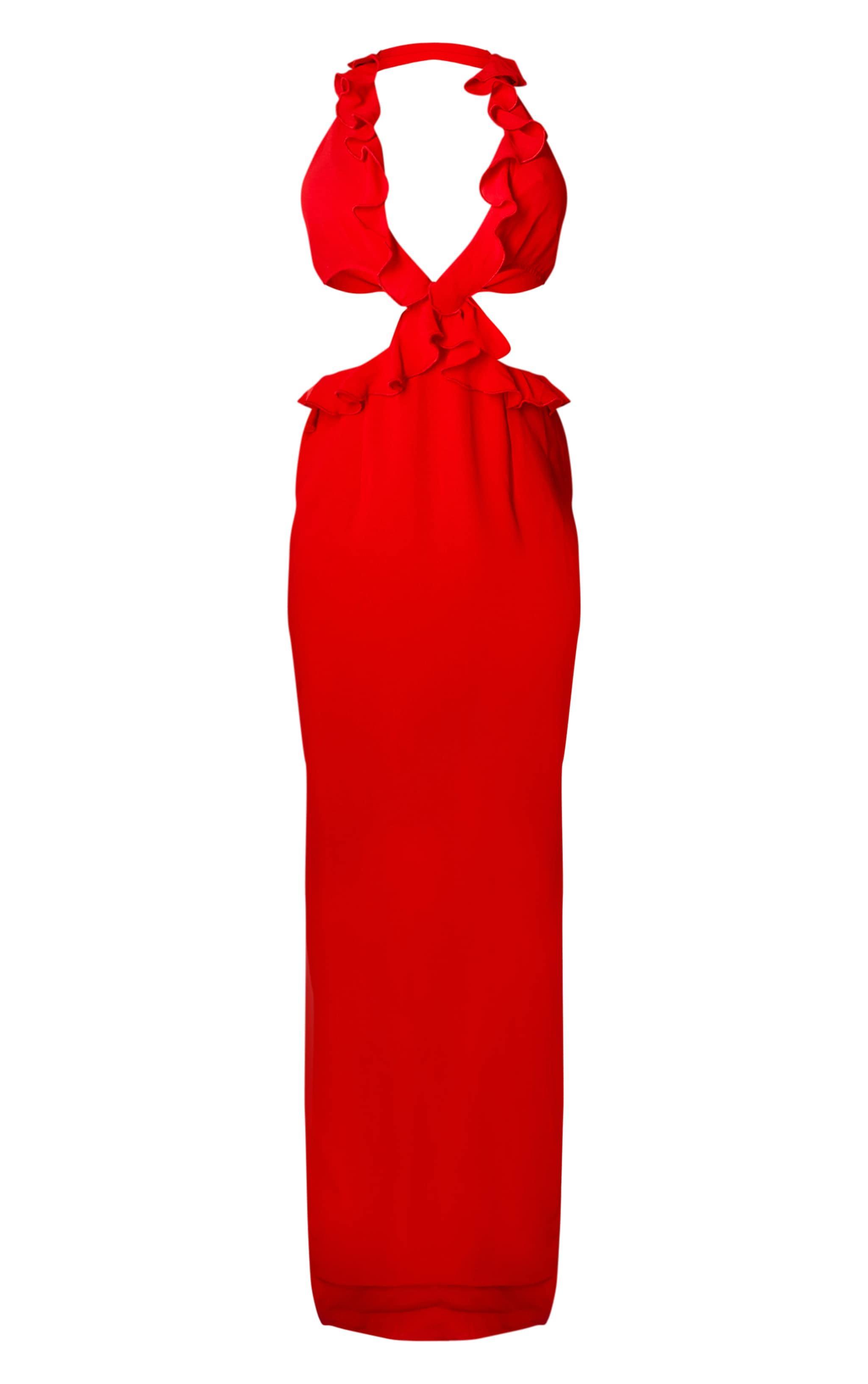 Red Ruffle Cut Out Detail Plunge Maxi Dress Product Image