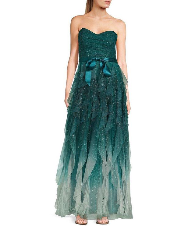 Pear Culture Strapless Glitter Ombre Mesh Ruffled Corkscrew Dress Product Image