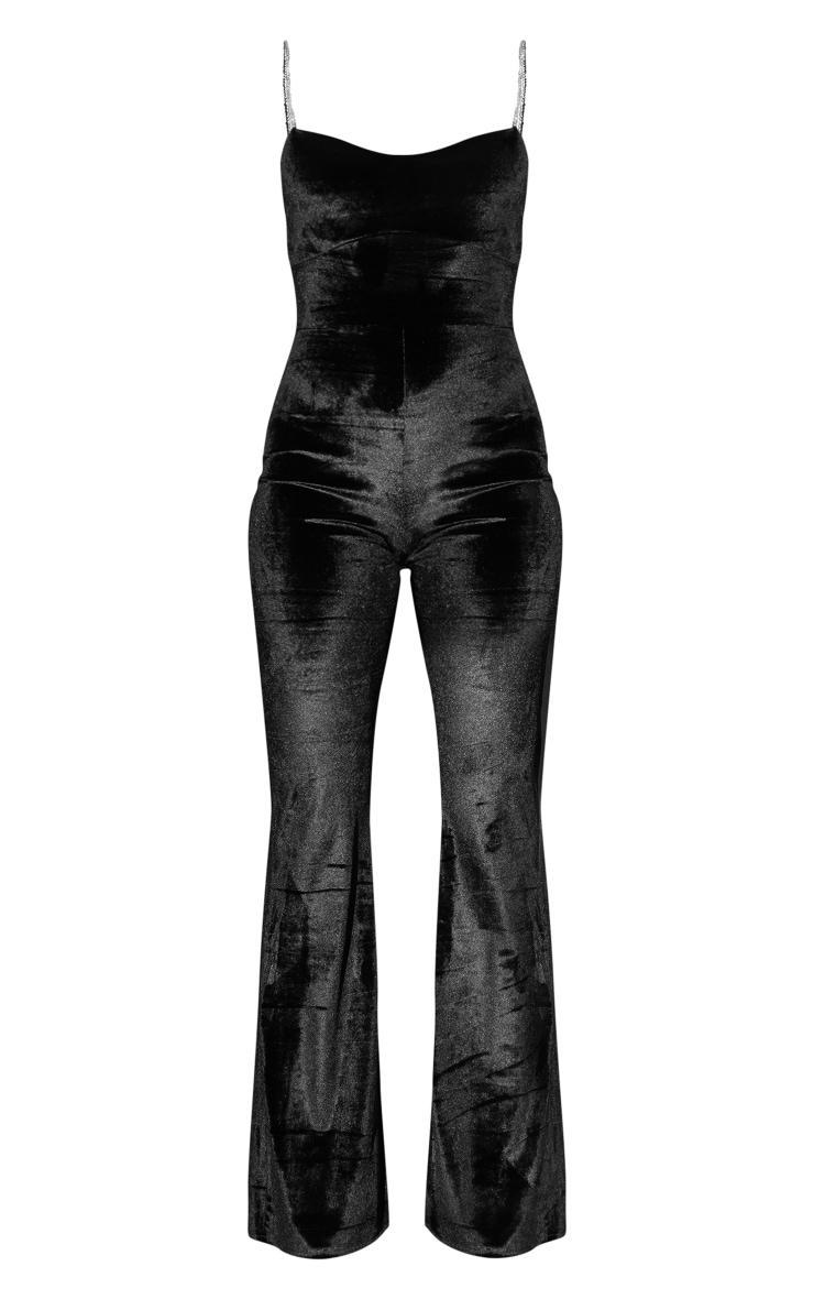 Black Diamante Strap Velvet Flared Jumpsuit Product Image