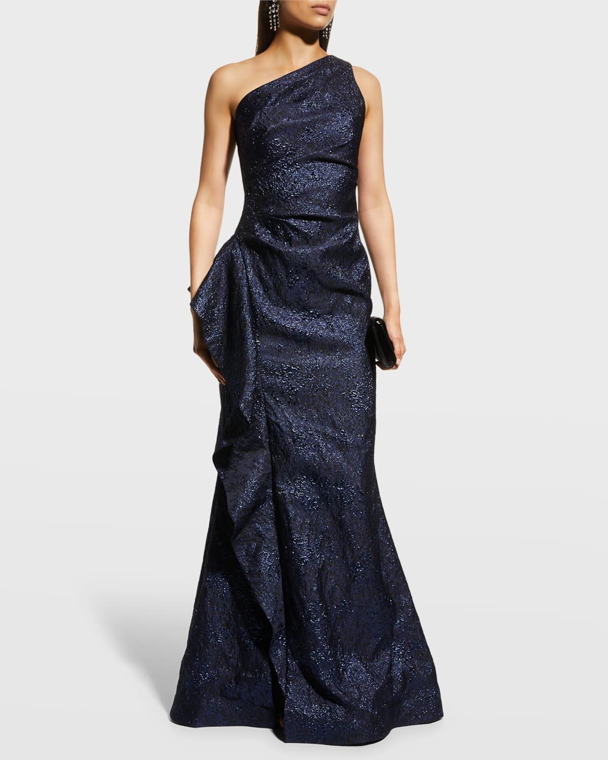 Womens Metallic Jacquard One-Shoulder Gown Product Image