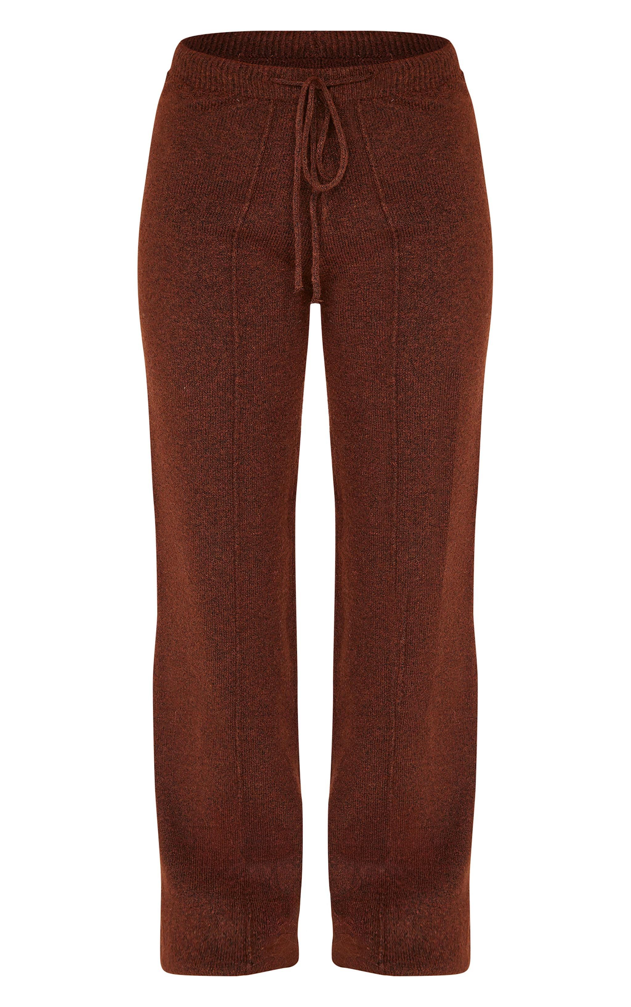 Petite Chocolate Knitted Seam Detail Wide Leg Pants Product Image