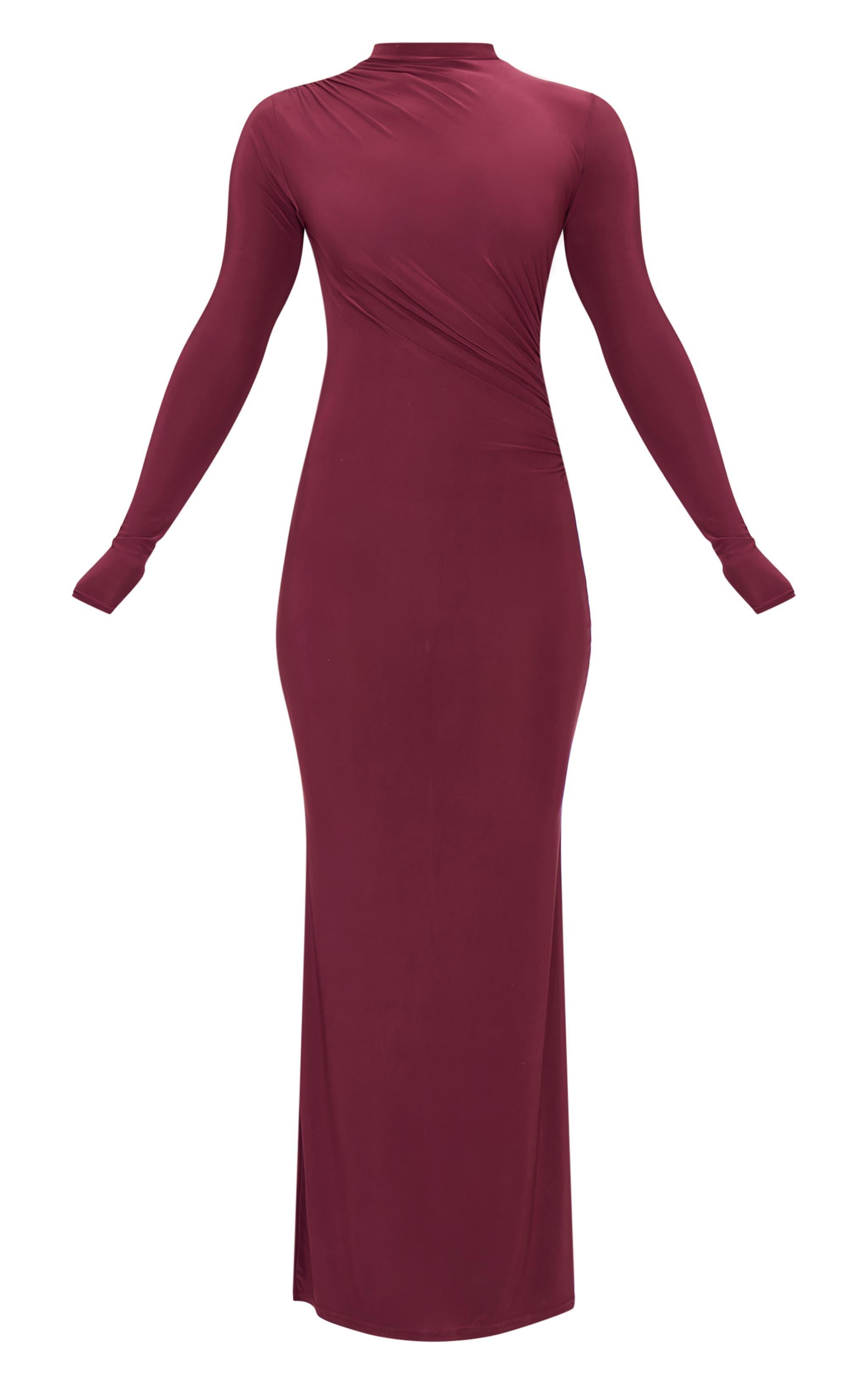  Burgundy Slinky Long Sleeve Maxi Dress Product Image