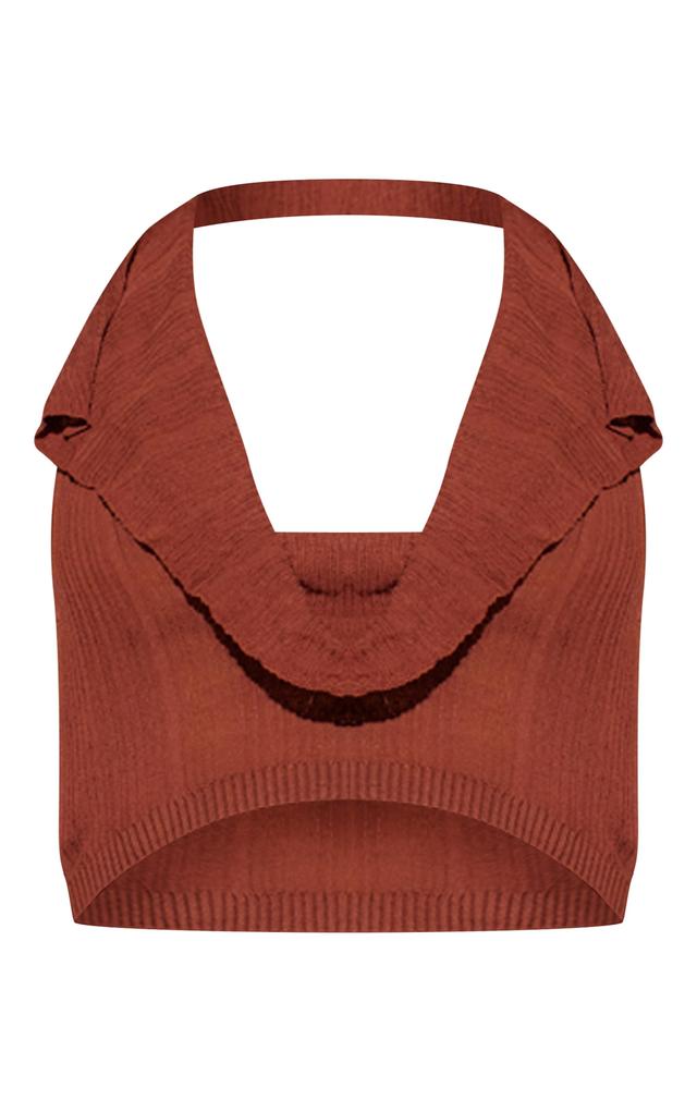 Chocolate Sheer Ribbed Knit Cowl Neck Halterneck Top Product Image