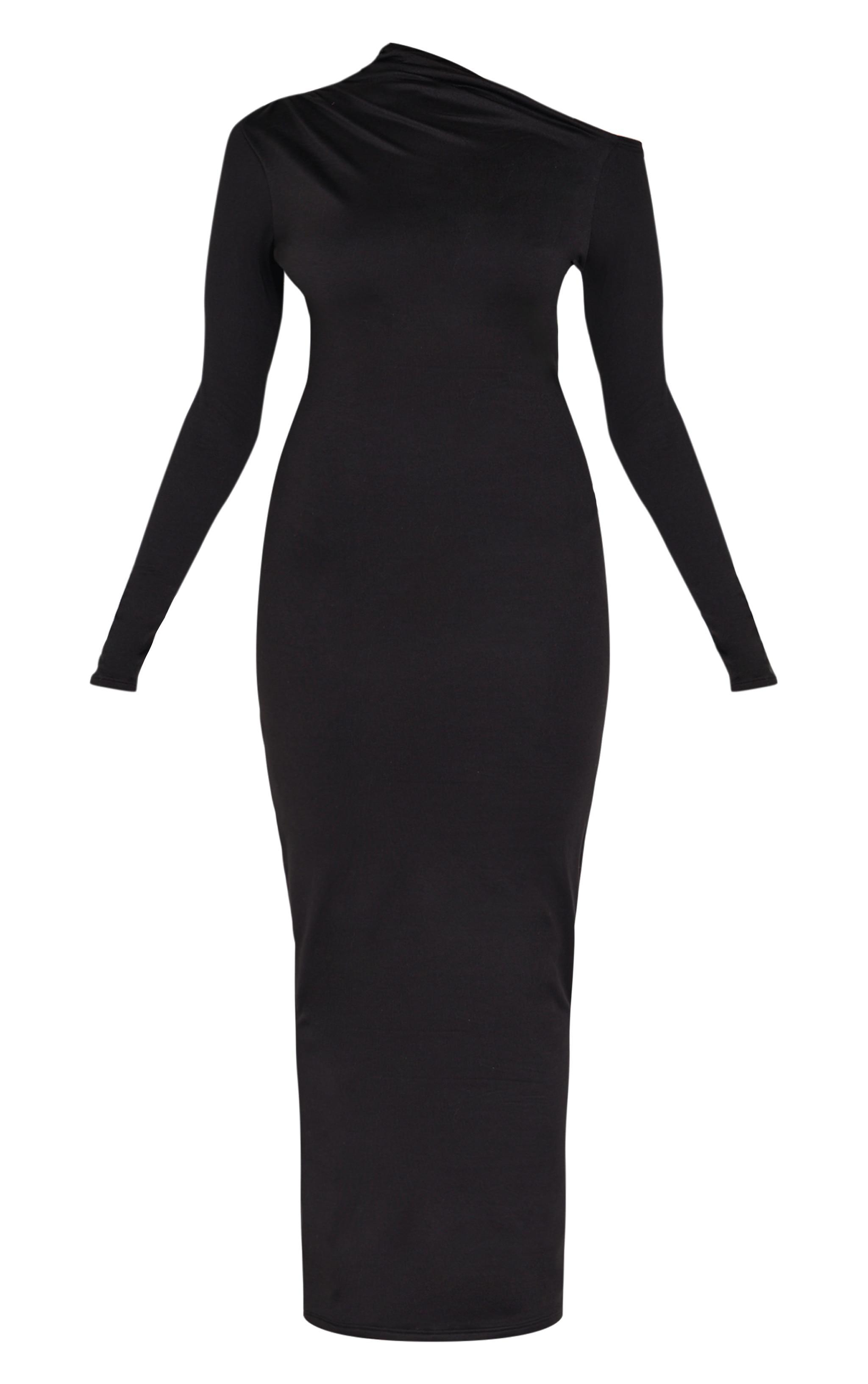  Black Double Contour Asymmetric Long Sleeve Maxi Dress Product Image