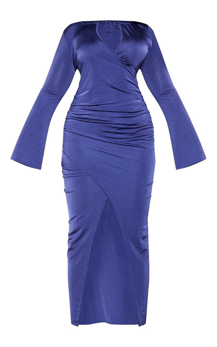 Plus Dark Blue Slinky Flare Sleeve Tie Front Wrap Maxi Dress Product Image