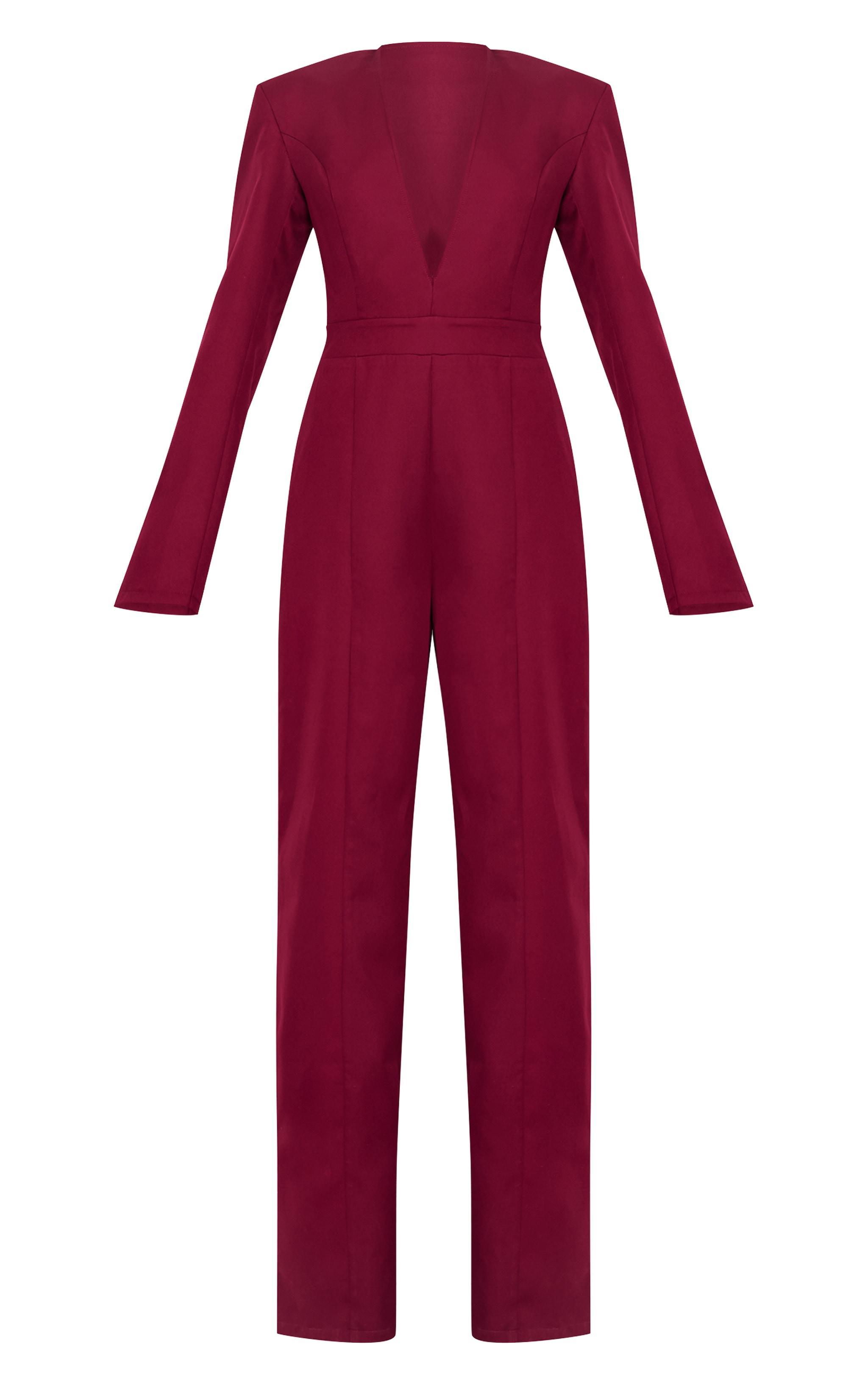 Burgundy Woven Plunge Long Sleeve Straight Leg Jumpsuit Product Image