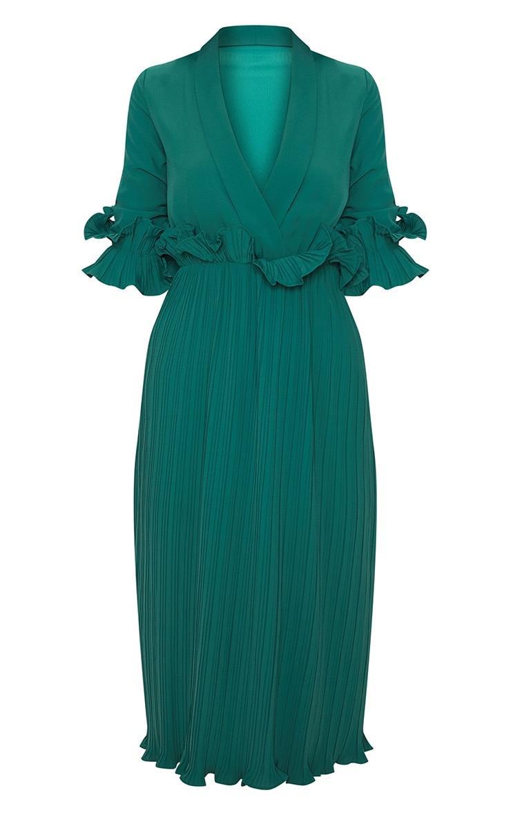 Emerald Green Frill Detail Pleated Midi Dress Product Image