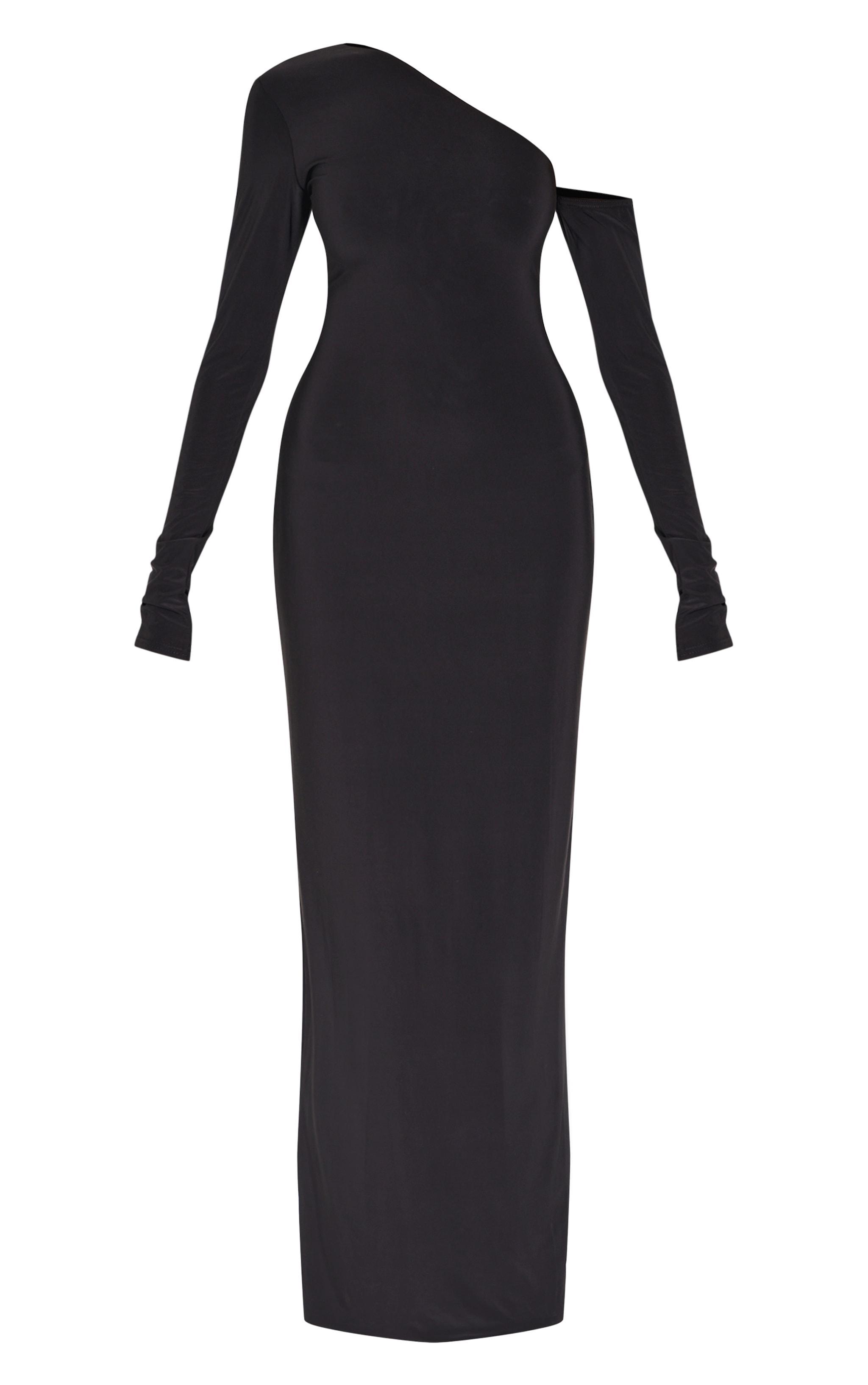  Black Double Slinky Asymmetric Neck Long Sleeve Maxi Dress Product Image