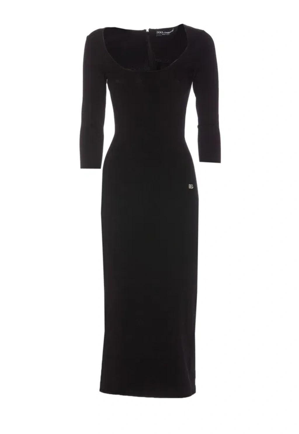 DOLCE & GABBANA Fitted Midi Dress With Logo Plaque In Black Product Image