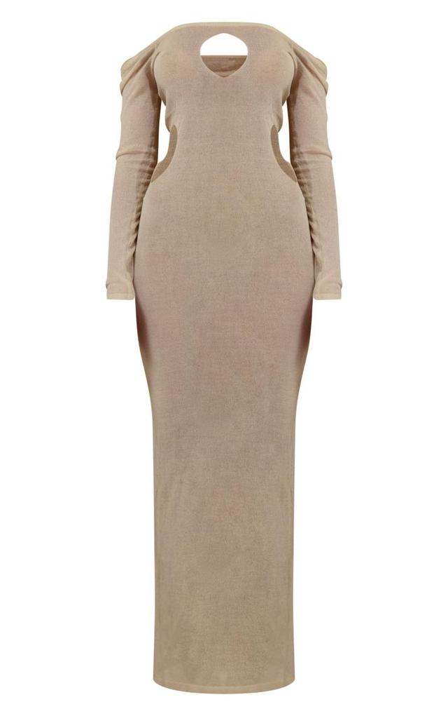 Cream Sheer Knit Cut Out Long Sleeve Maxi Dress Product Image