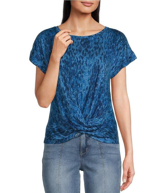 Democracy Slub Jersey Knit Animal Print Scoop Neck Short Sleeve Twist Front Hem Top Product Image