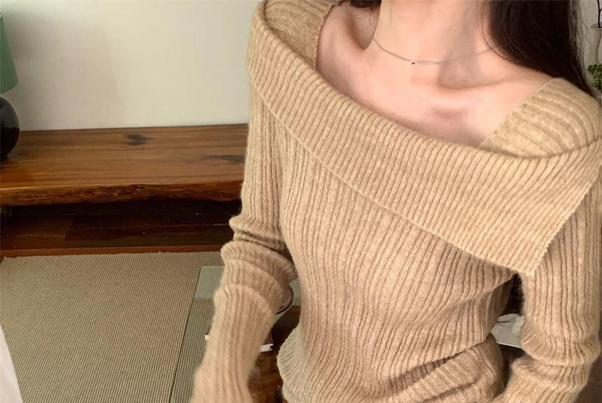 Boat Neck Plain Ribbed Sweater Product Image