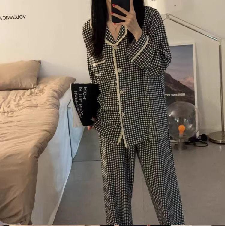 Pajama Set: Gingham Lace Trim Shirt + Pants Product Image