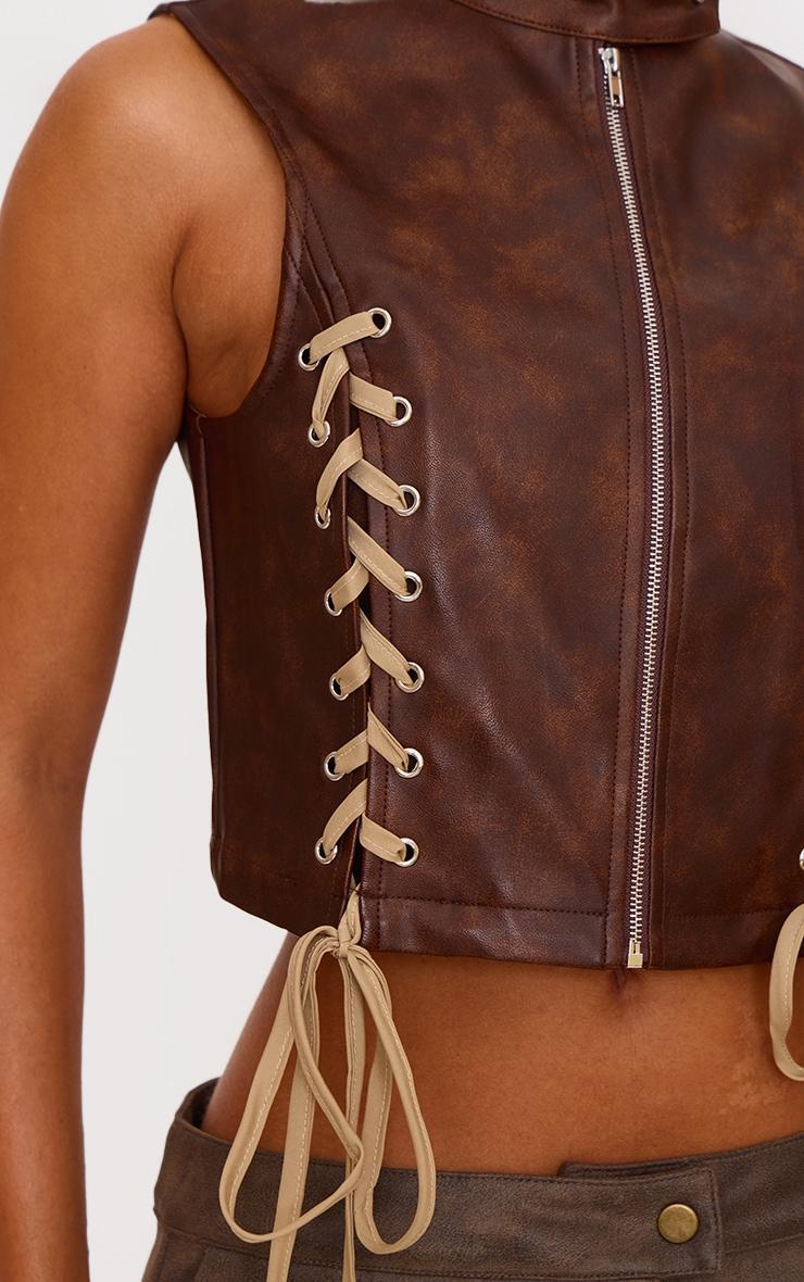 Petite Chocolate Faux Leather Lace Up Detail Zip Up Top Product Image