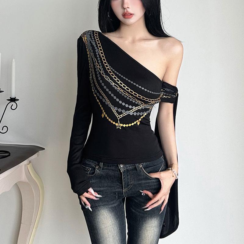 Long Sleeve One Shoulder Patterned Print Tie-Up Top Product Image