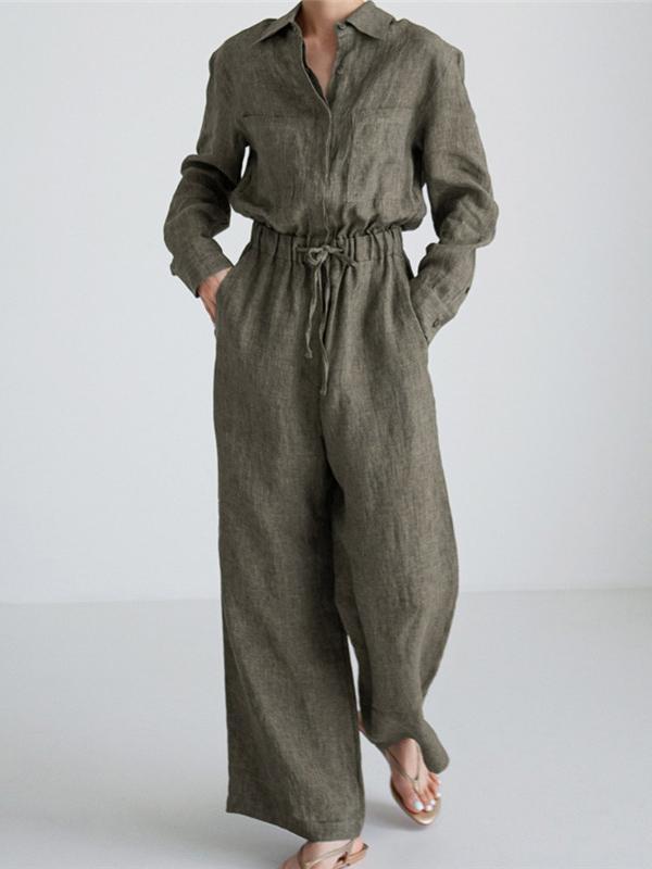 Urban Linen Drawstring Elastic Waisted Wide Leg Long Sleeves Jumpsuits Product Image