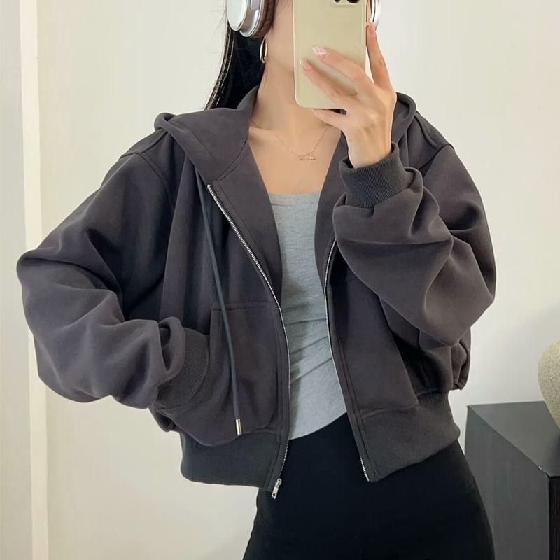 Plain Crop Zip-Up Hoodie Product Image