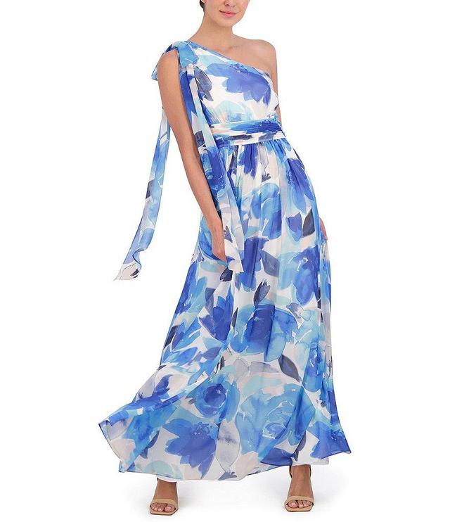 Eliza J Floral One Shoulder Bow Tie Sleeveless Gown Product Image