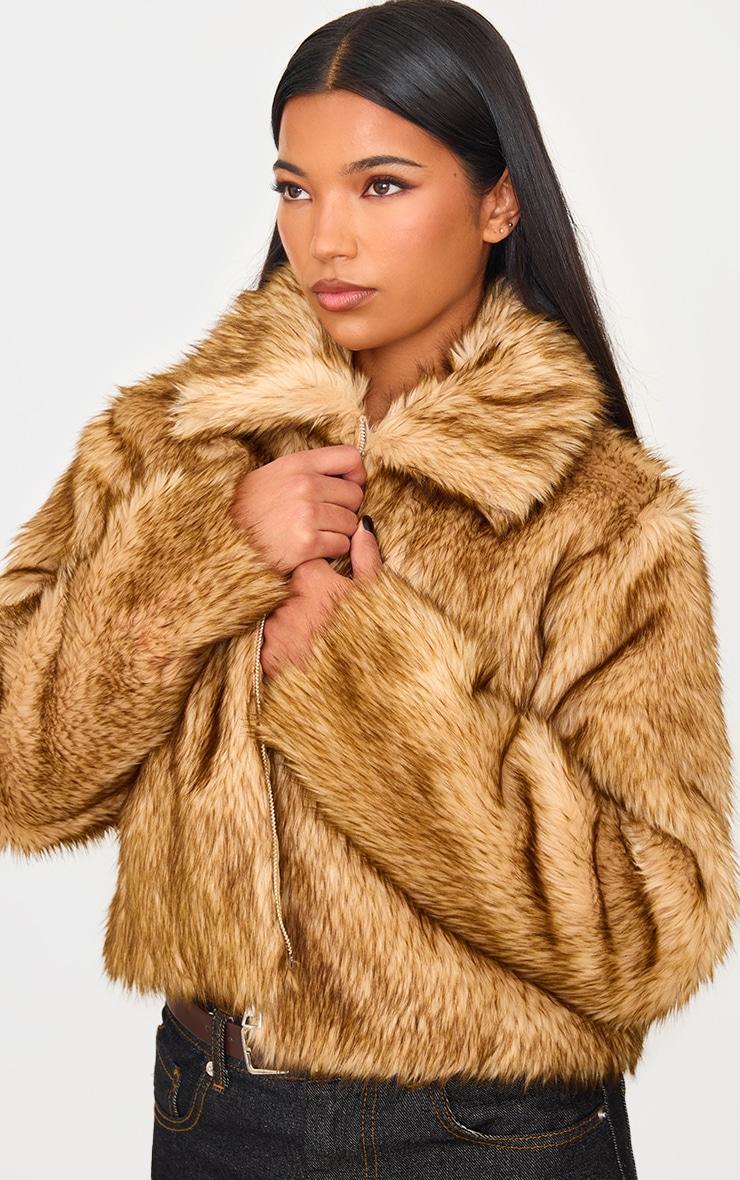 Brown Natural Faux Fur Collar Detail Zip Up Jacket Product Image