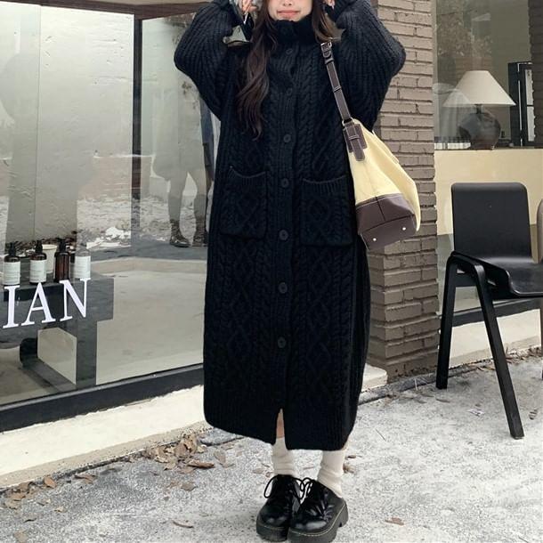 Stand Collar Plain Cable Knit Maxi Cardigan product image