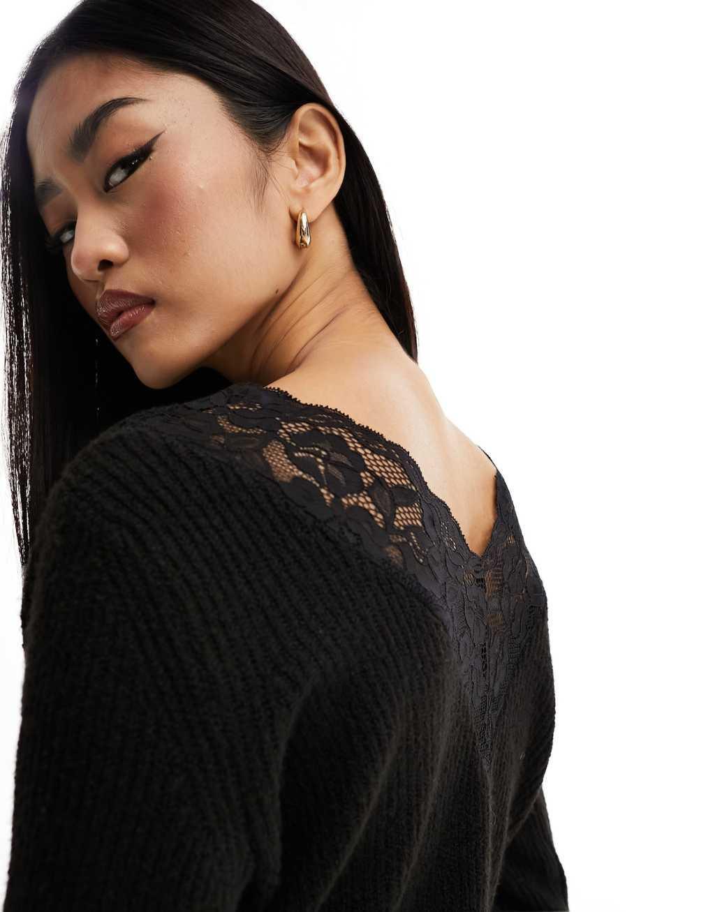 JDY reversible sweater with lace trim in black Product Image