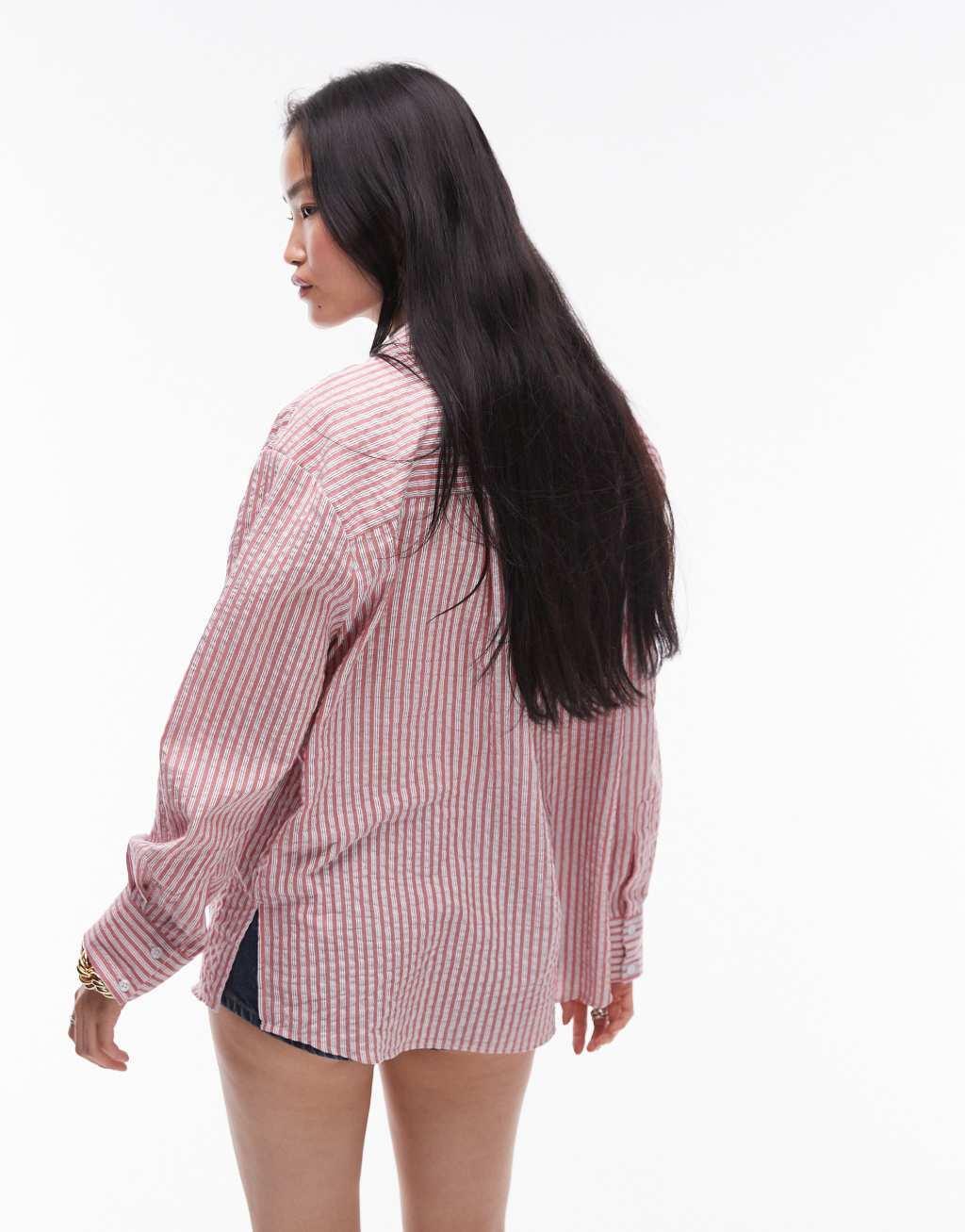 Topshop seersucker shirt in red & ivory stripe Product Image