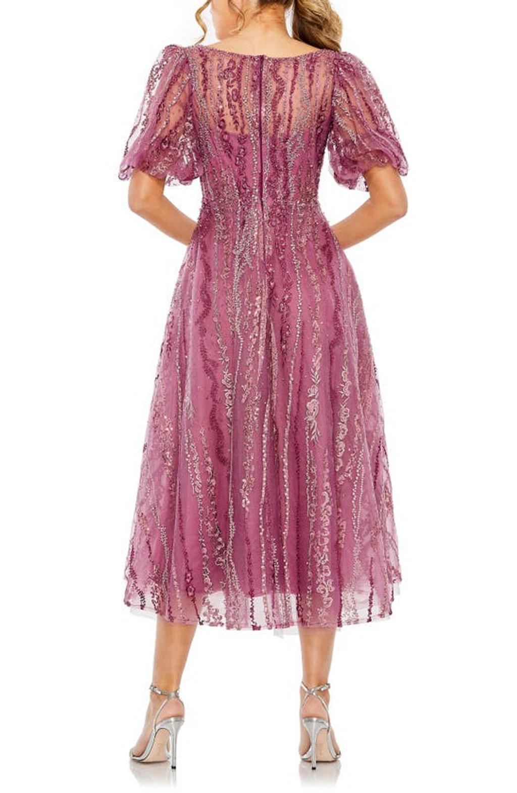 Embellished Puff Sleeve Midi Cocktail Dress In Berry Product Image