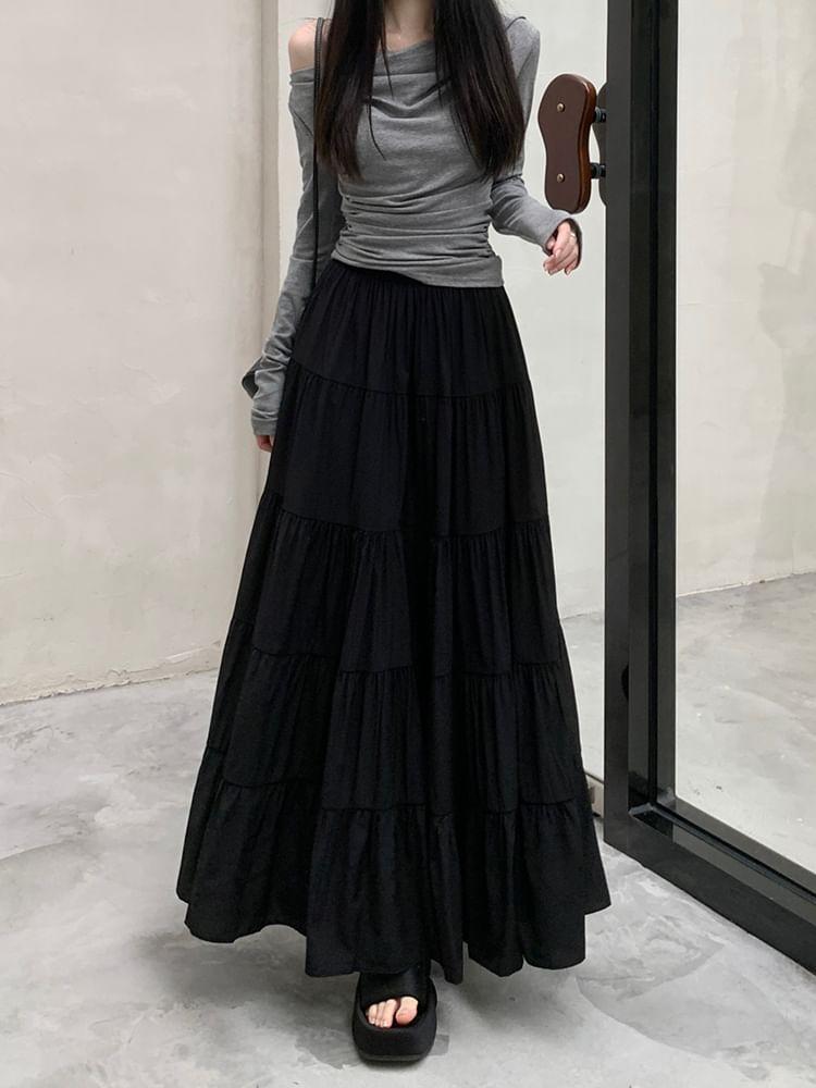 Elastic Waist Plain Tiered Maxi A-Line Skirt Product Image