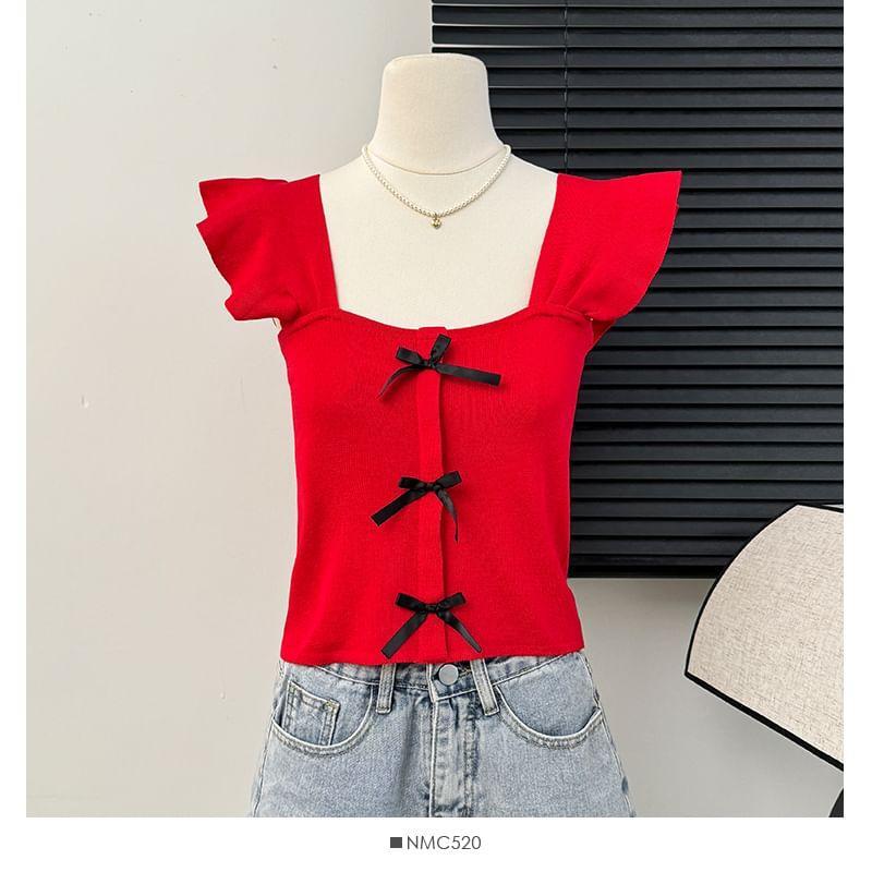 Cap-Sleeve Square-Neck Ribbon Crop Top Product Image