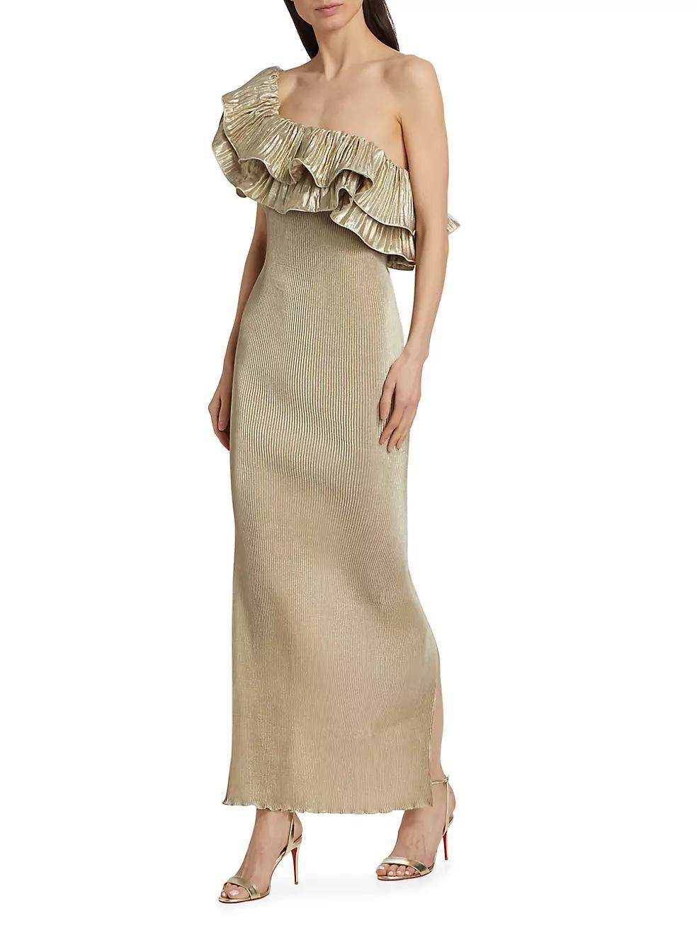 Metallic Ruffled One-Shoulder Maxi Dress Product Image