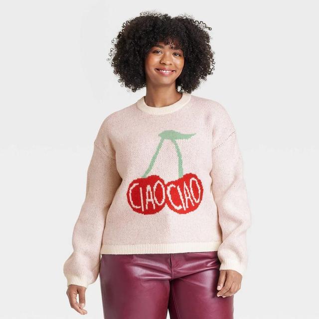 Womens Crewneck Cozy Knit Pullover Sweater - A New Day Cream/Red Cherries 2X Product Image