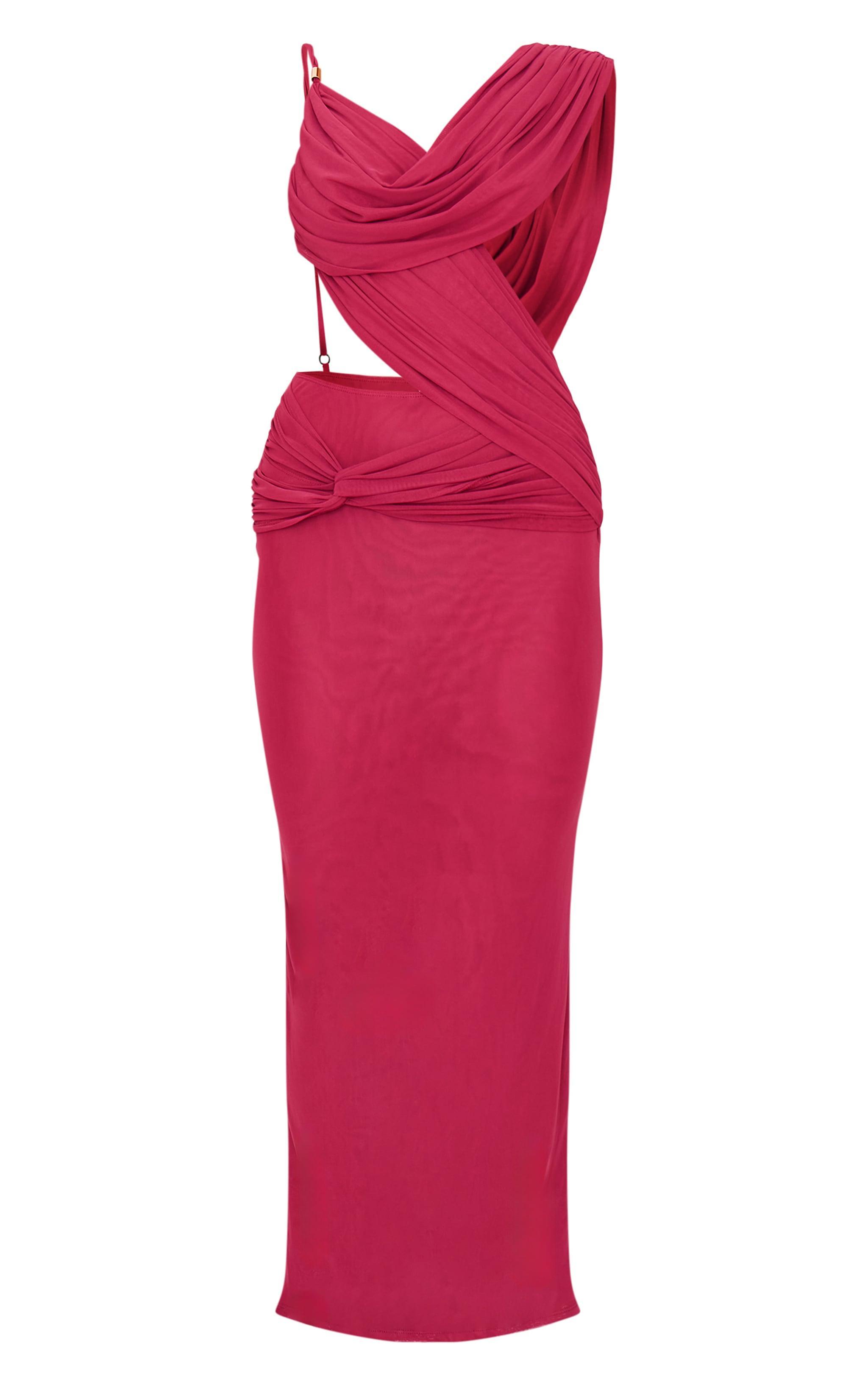 Burgundy Mesh Draped Cut Out Maxi Dress Product Image