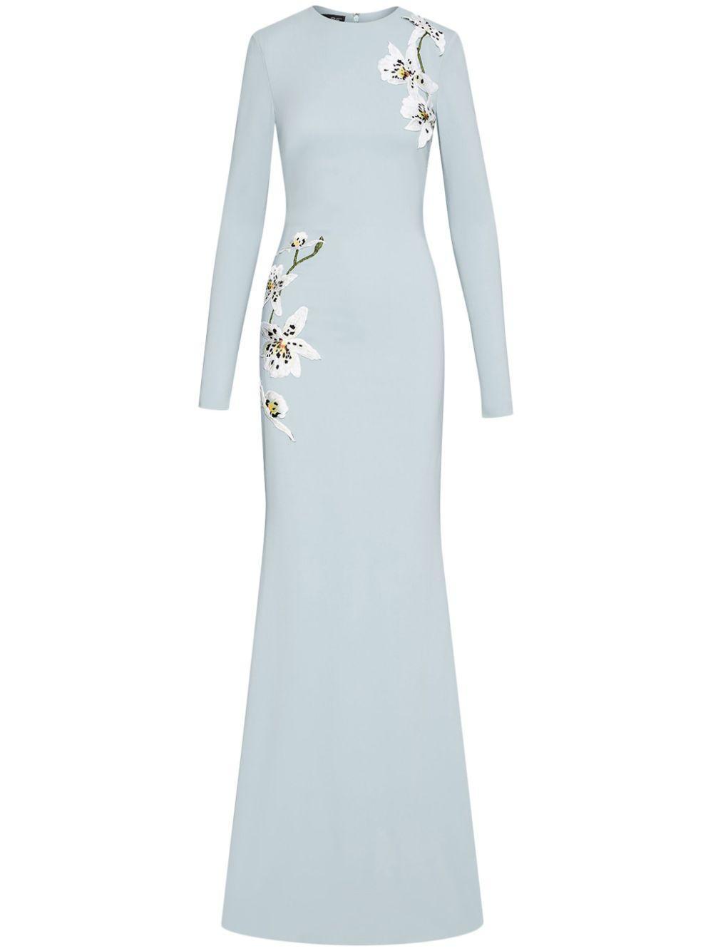 OSCAR DE LA RENTA Long Sleeve Orchid Threadwork Embroidered Cady Gown In Blue Product Image