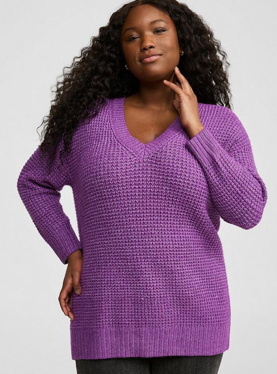 Waffle Drop Shoulder V-Neck Pullover Sweater Product Image