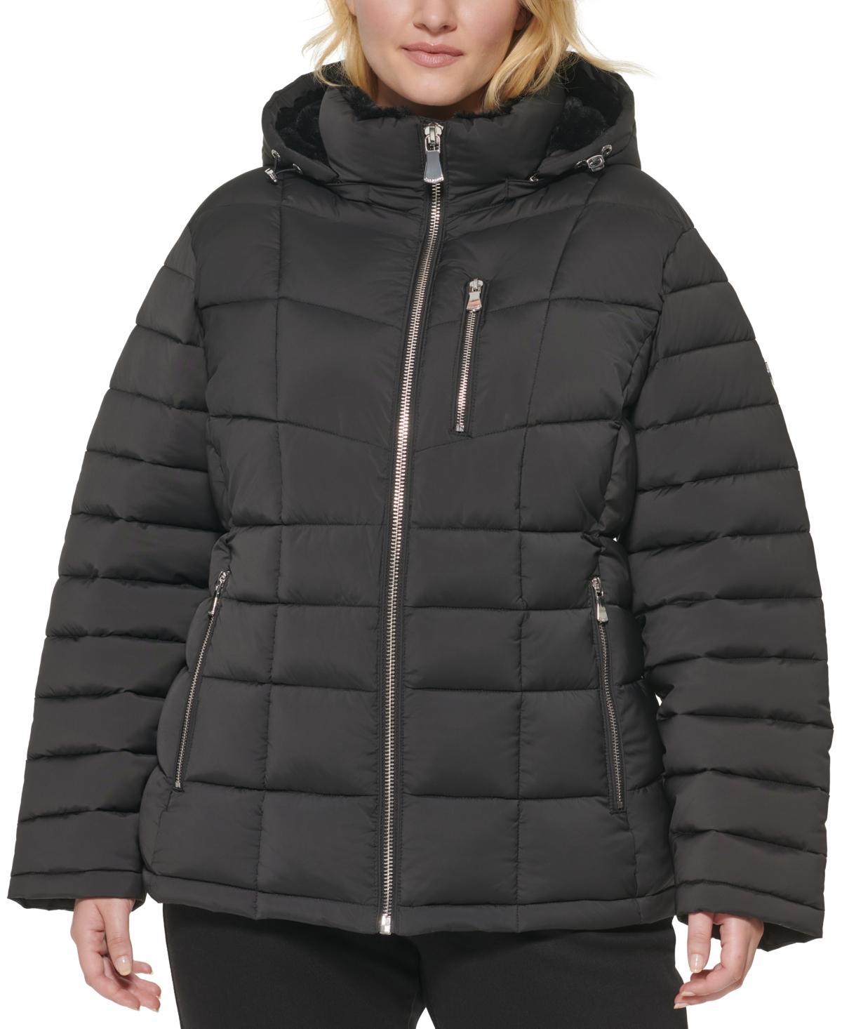 Calvin Klein Womens Plus Size Hooded Faux-Fur Trim Puffer Coat, Created for Macys Product Image