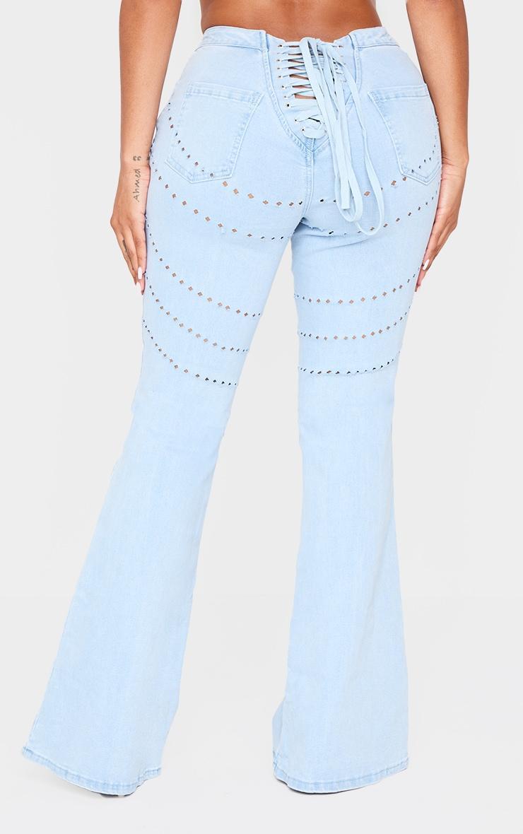 Shape Light Blue Wash Denim Lace Up Front Flare Jeans Product Image