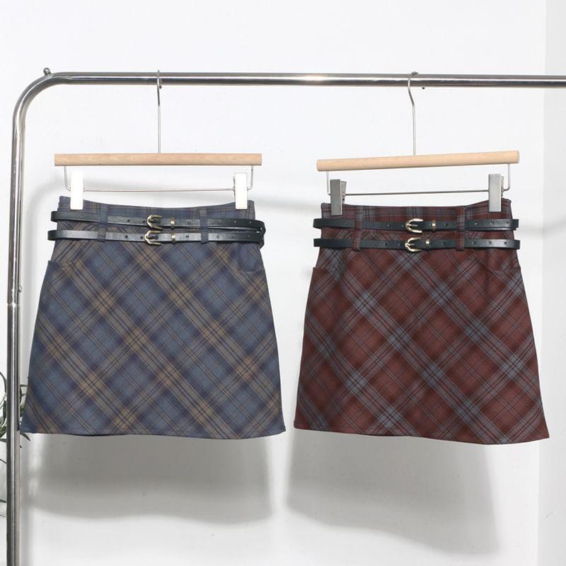 Set: High Waist Plaid Mini Skirt + Belt Product Image