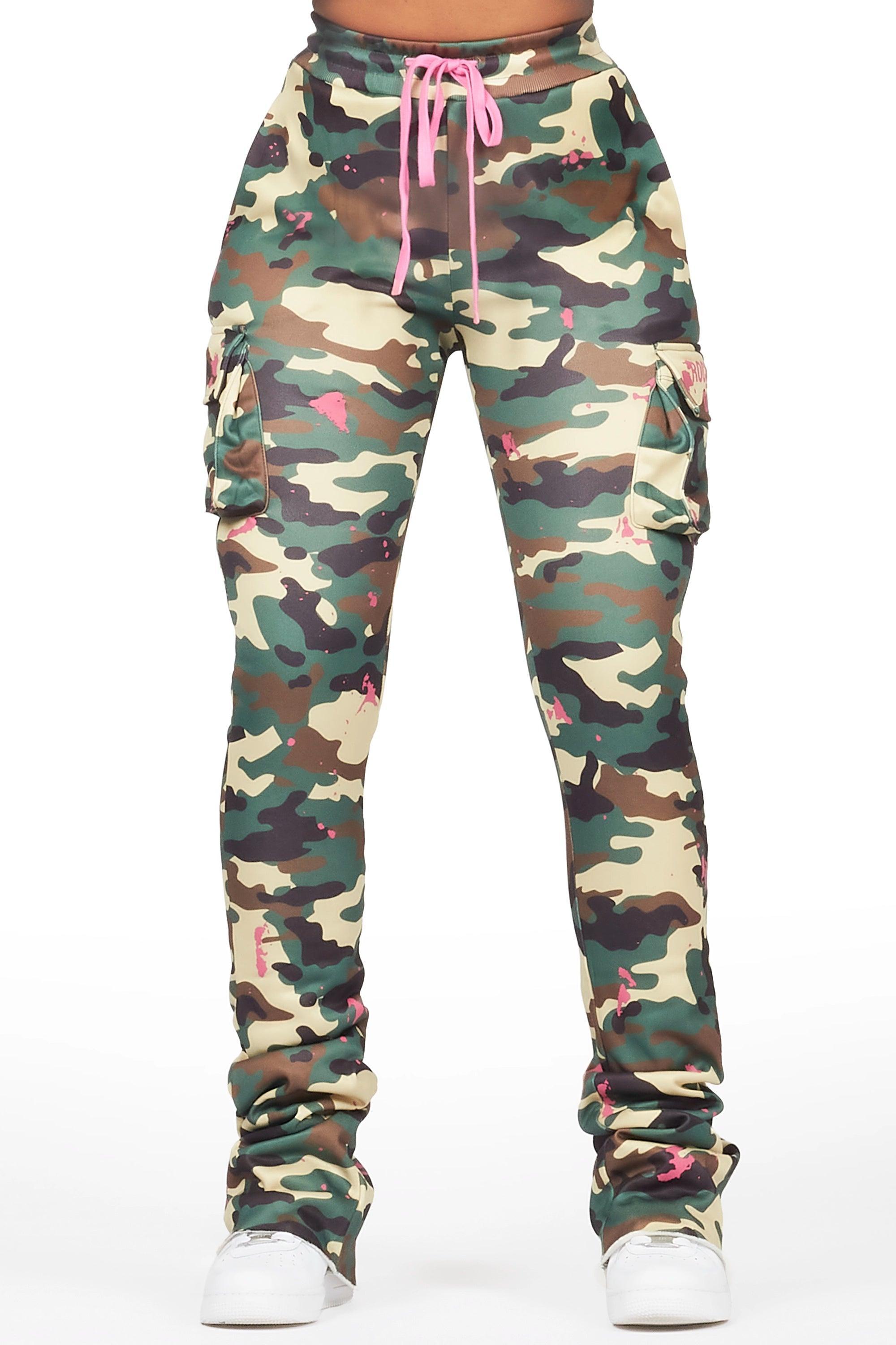 Lavenda Green Camo Cargo Stacked Track Pant Female Product Image