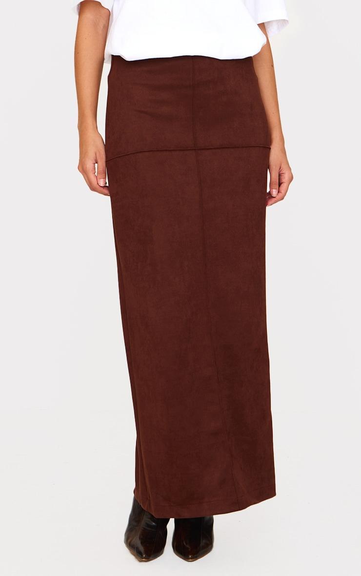 Chocolate Faux Suede Seam Detail Column Maxi Skirt Product Image