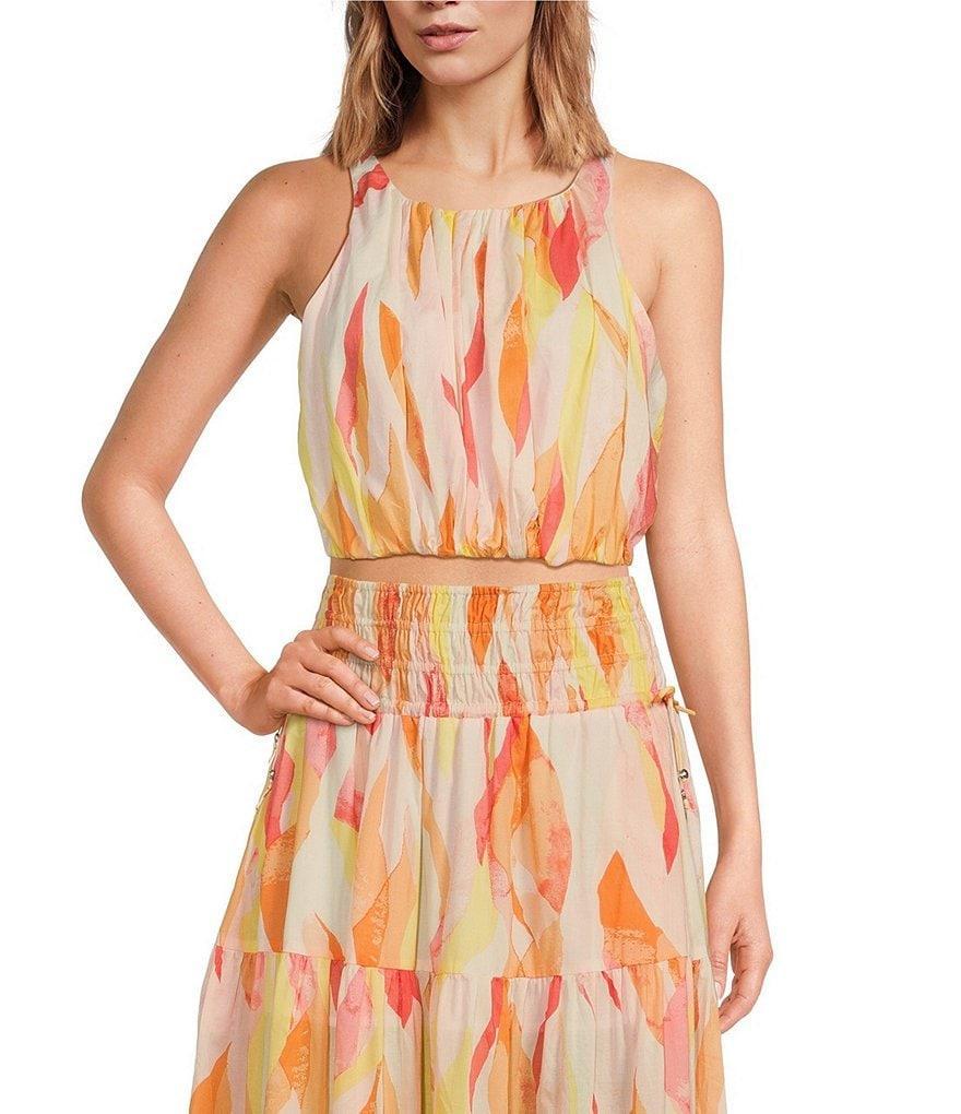 ELAN Abstract Print Halter Neck Sleeveless Coordinating Cropped Top Product Image